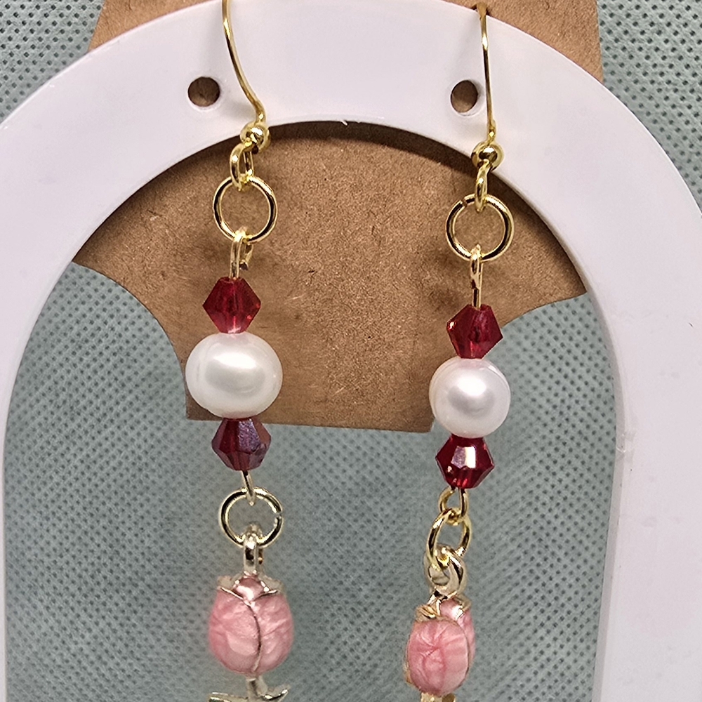 Elegant Gold and Pink Earrings with Potato Pearl Accents
